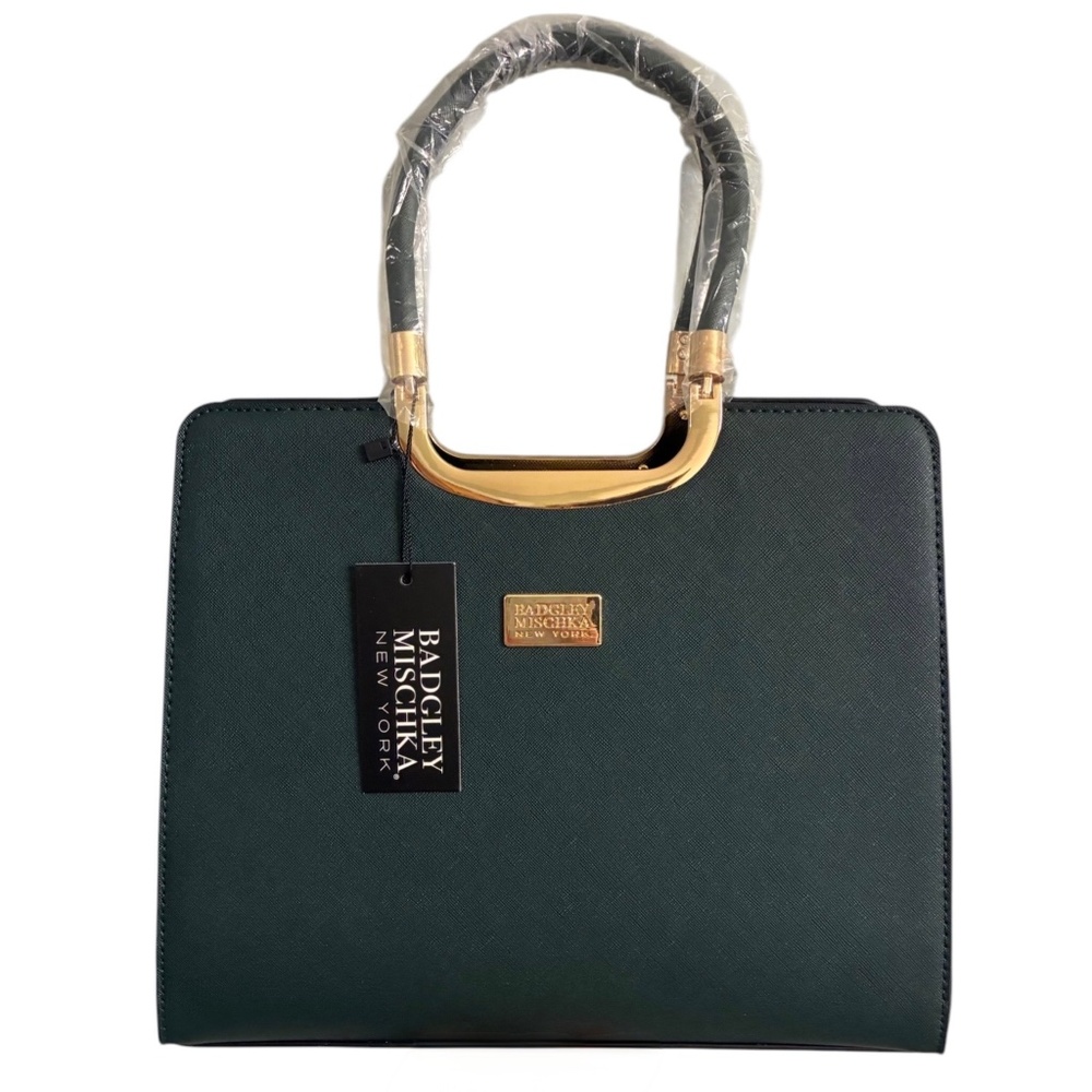 Badgley Mischka NWT Green Structured Satchel Gold Hardware Top Handle